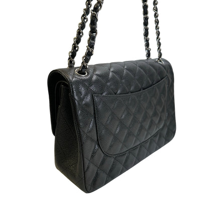 Used CHANEL Quilted Caviar leather Jumbo Single Flap Bag Shoulder Bag Black Silver hardware