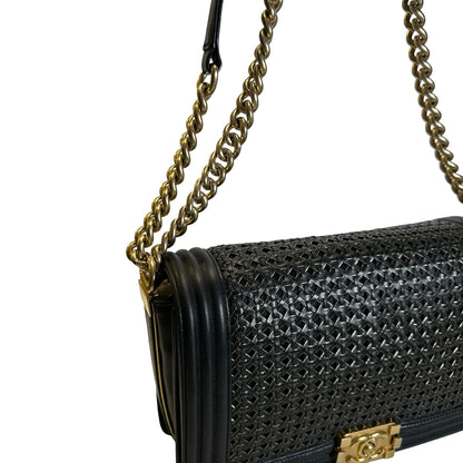 Used CHANEL Woven Leather Boy Chain Shoulder Bag Black Gold