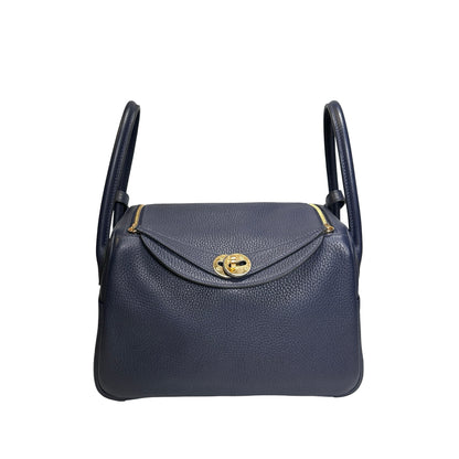 Used HERMES Clemence Lindy 26 Handbag Navy GHW