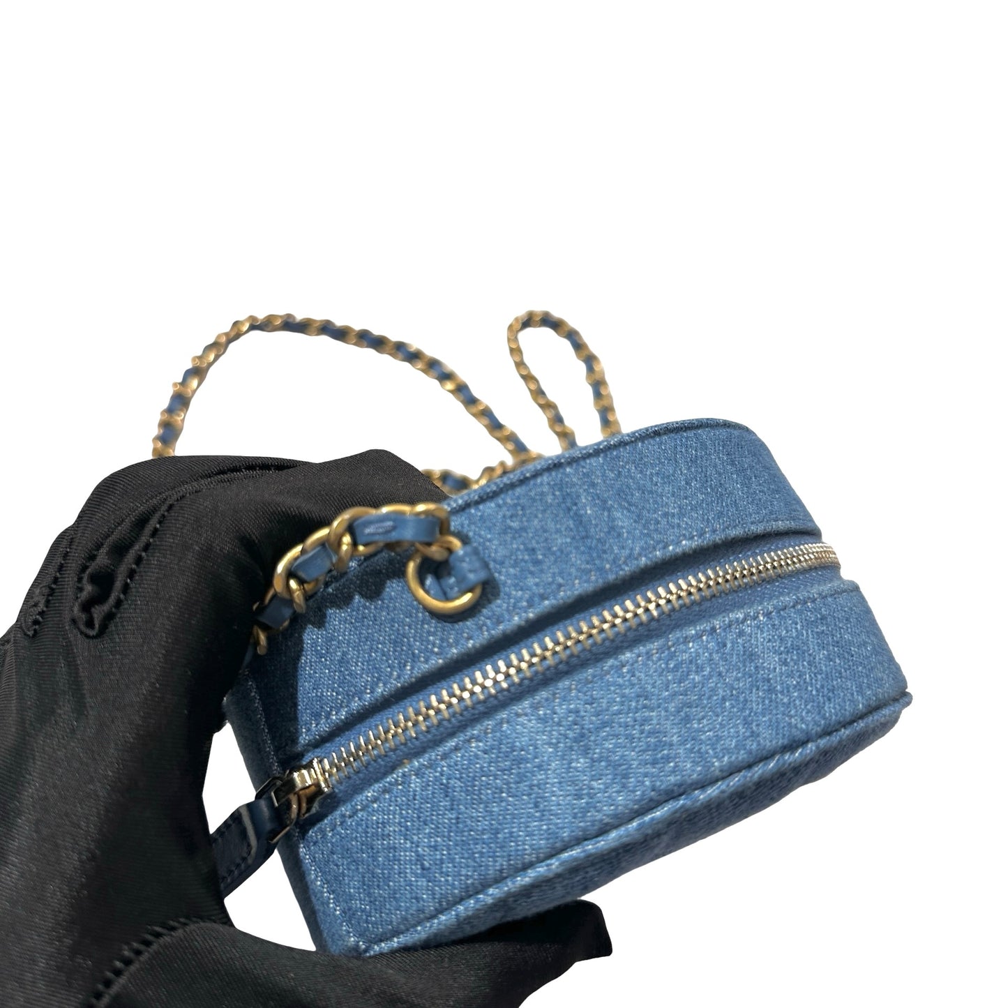 Used CHANEL Denim Chain with Gold Ball Cross Body Bag Denim Blue GHW