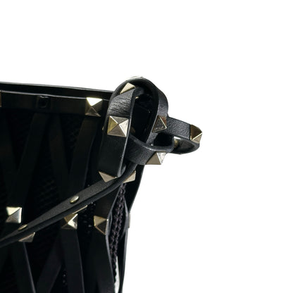 Used VALENTINO Leather Mesh Rockstud Spike Tote Bag Black Silver