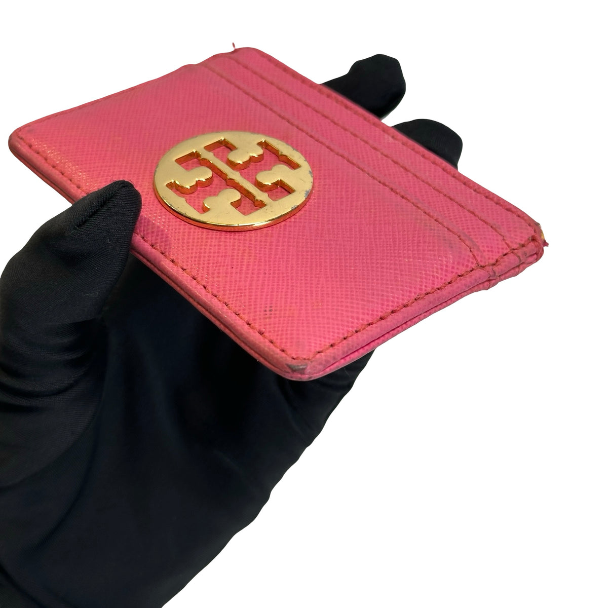 Used TORY BURCH Saffiano Leather Robinson Card case Pink Gold