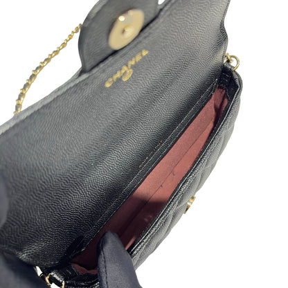 Used CHANEL Caviar Leather Chain Phone Case Cross Body Bag Black GHW