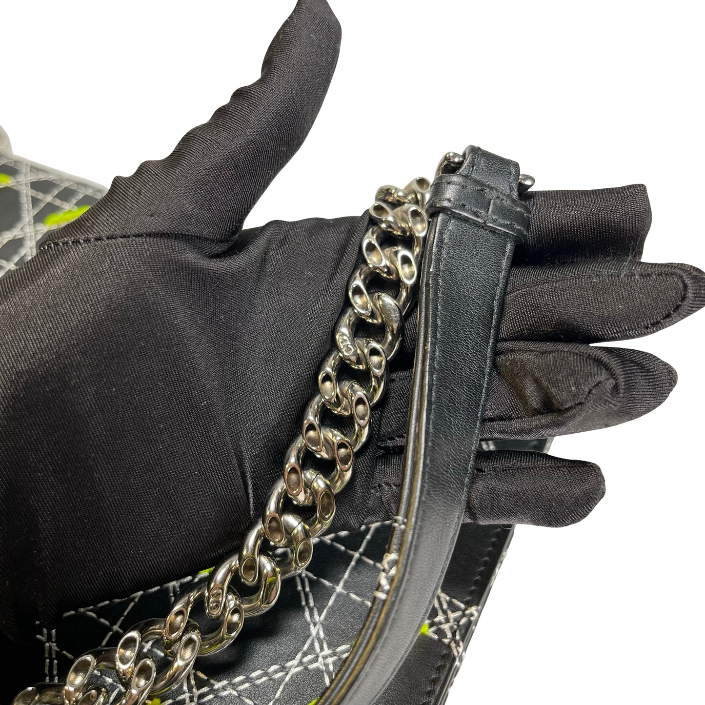 Used DIOR Cannage Leather Diorama Chain Shoulder Bag Black Yellow White PHW