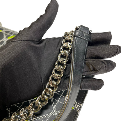 Used DIOR Cannage Leather Diorama Chain Shoulder Bag Black Yellow White PHW