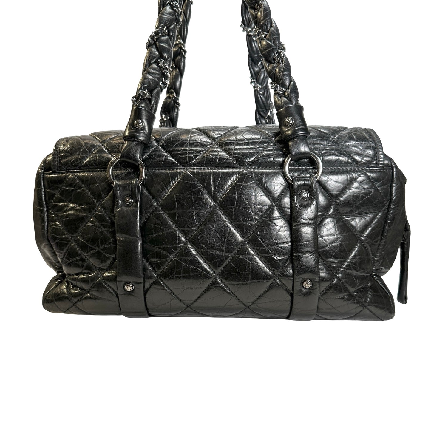 Used CHANEL Quilted Quilted Aged Calfskin Bowler Bag Handbag Black