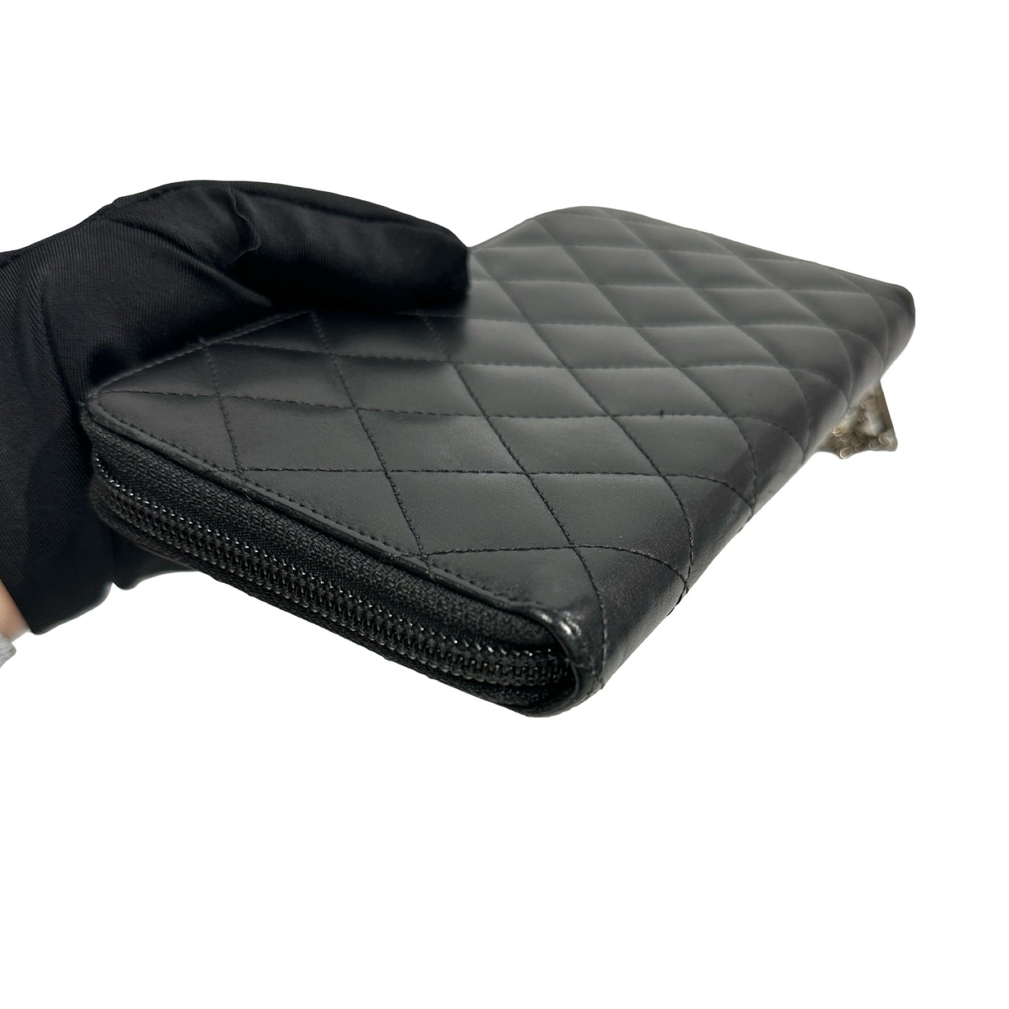 Used Chanel Lambskin Leather Cambon Long Round Wallet Black PHW