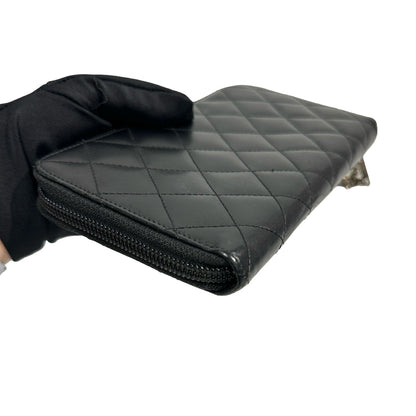 Used Chanel Lambskin Leather Cambon Long Round Wallet Black PHW