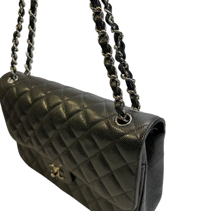Used CHANEL Quilted Caviar leather Jumbo Single Flap Bag Shoulder Bag Black Silver hardware