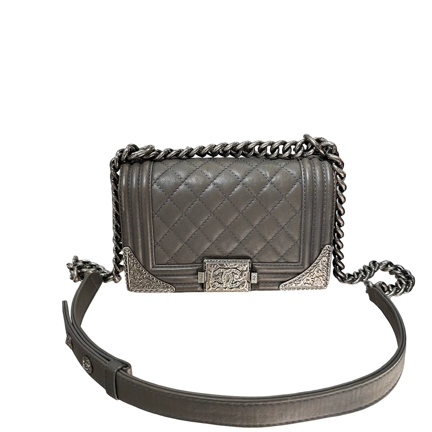 Used CHANEL Boy 20cm Cross Body Bag Grey PHW