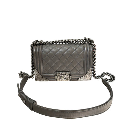 Used CHANEL Boy 20cm Cross Body Bag Grey PHW