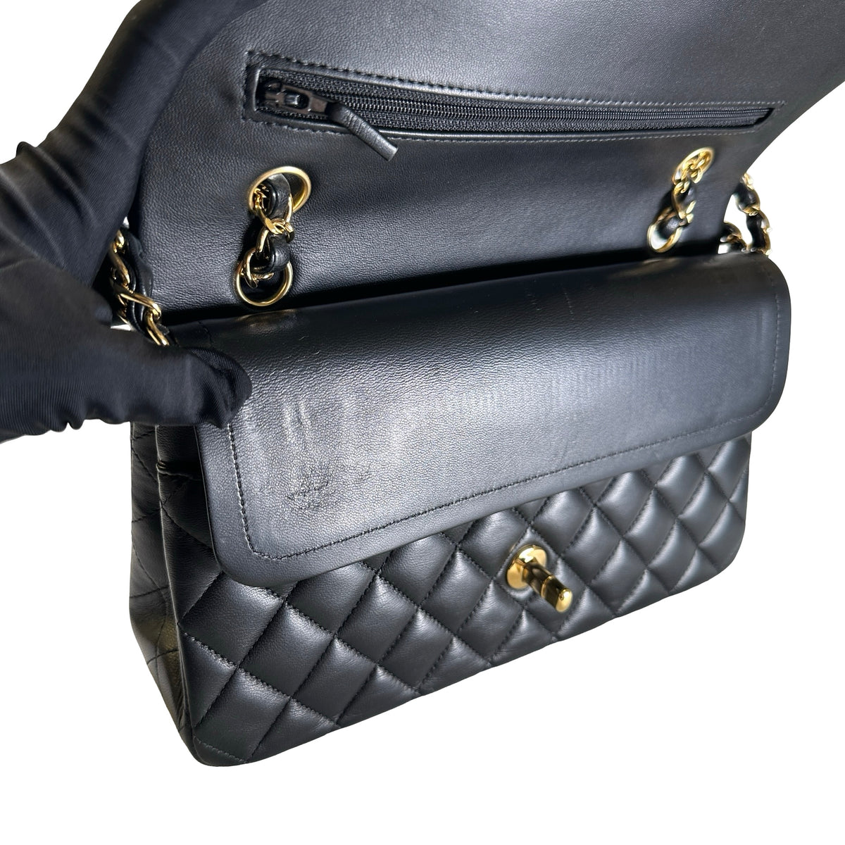 Used CHANEL Quilted Lambskin Classic Flap Chain Shoulder Bag Black Gold