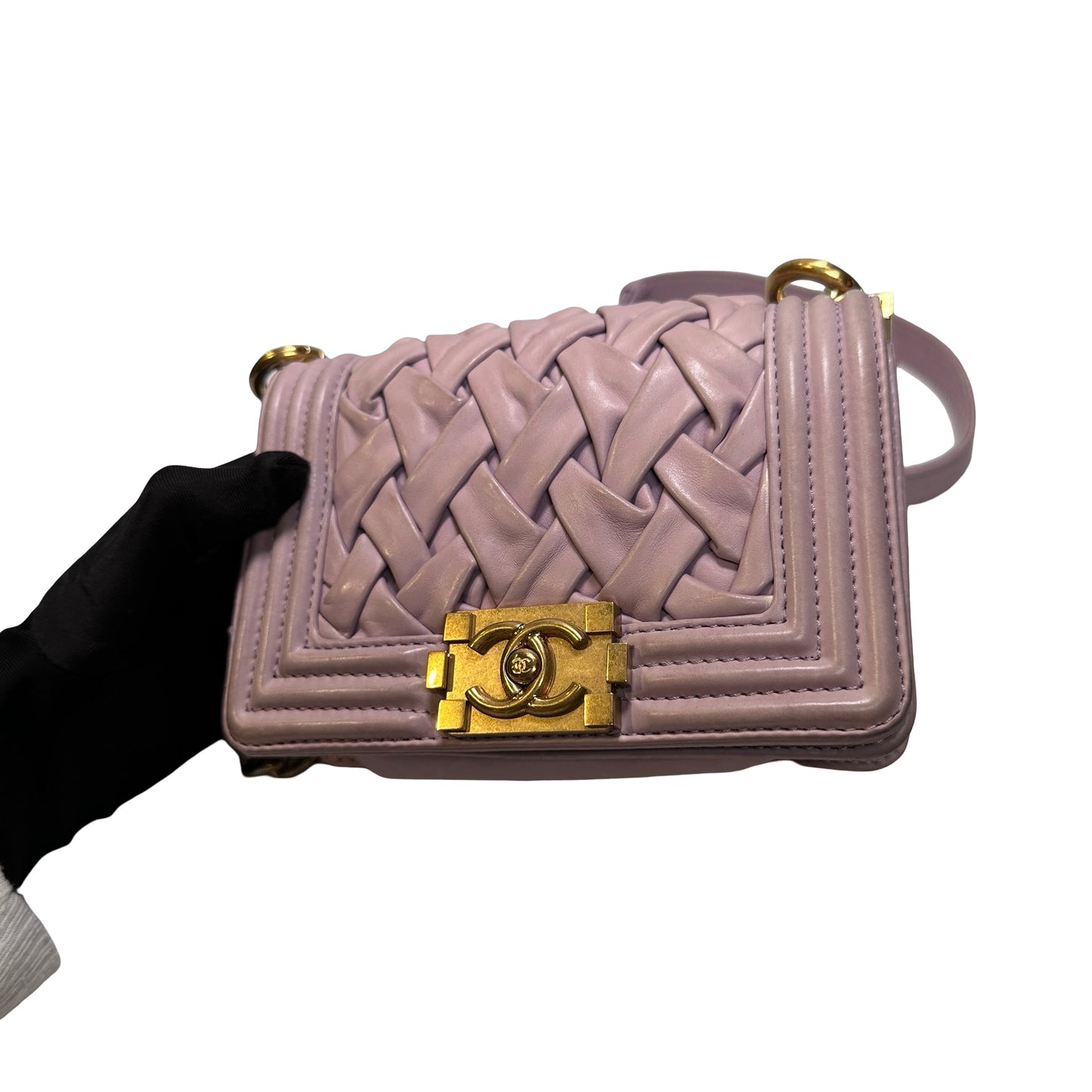 Used CHANEL Braided Lambskin Boy Chain Shoulder Bag Lilac Gold
