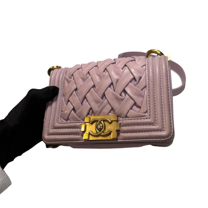Used CHANEL Braided Lambskin Boy Chain Shoulder Bag Lilac Gold