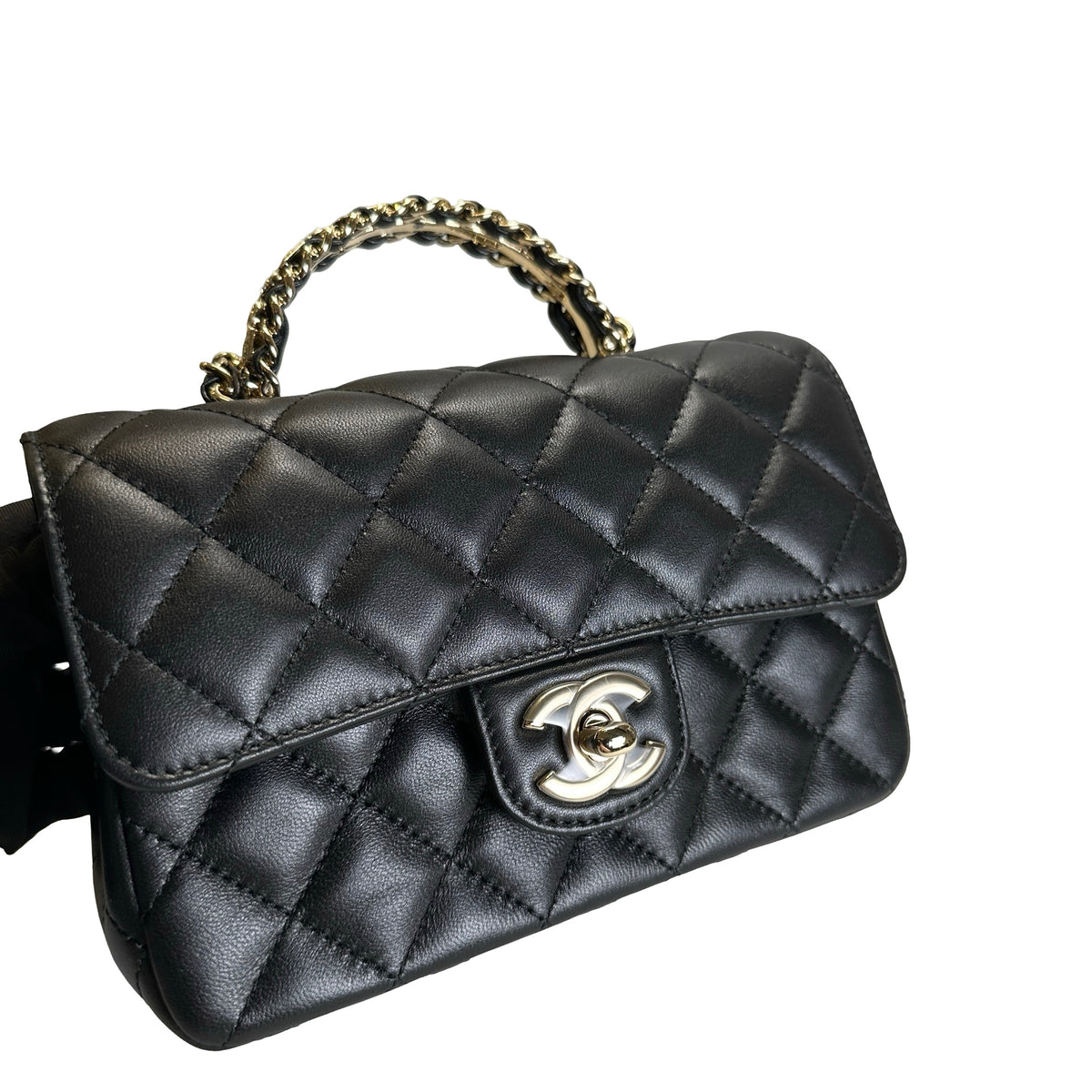 Used CHANEL Quilted Leather Mini Flap Bag with Top Handle Handbag Black