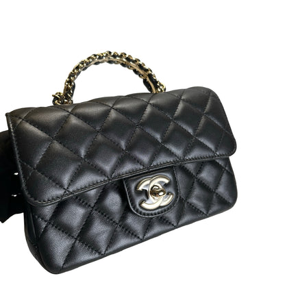 Used CHANEL Quilted Leather Mini Flap Bag with Top Handle Handbag Black