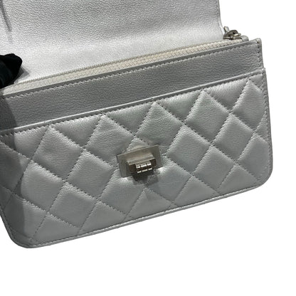Used CHANEL Calfskin Leather 2.55 WOC Cross Body Bag Grey PHW