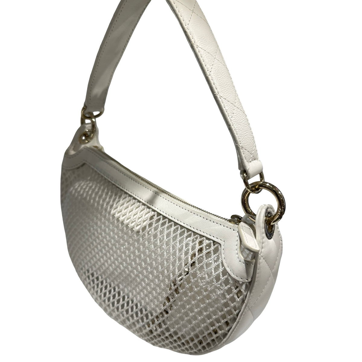 Used CHANEL Mesh Leather 25S Half Moon Clutch Hobo Bag White GHW