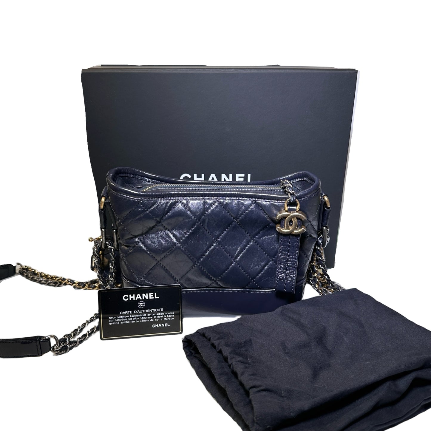 Used CHANEL Calfskin Leather Chain Shoulder Bag Navy Blue GHW PHW