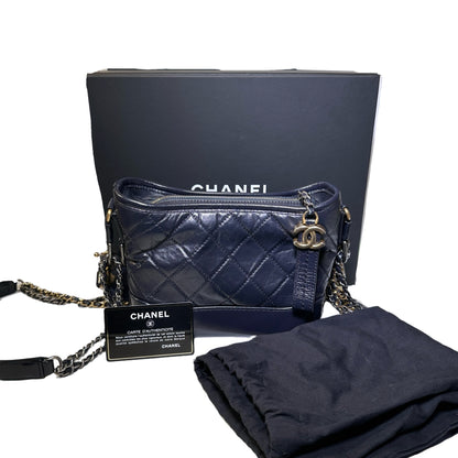 Used CHANEL Calfskin Leather Chain Shoulder Bag Navy Blue GHW PHW