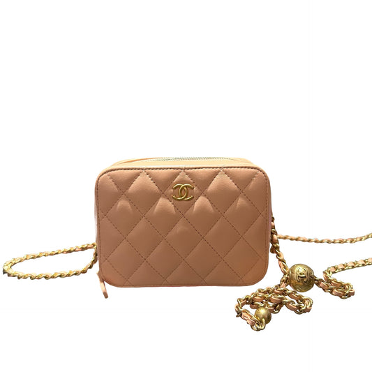 Used CHANEL Lambskin Leather Vanity Case with Gold Ball Chain Shoulder Bag Pink GHW