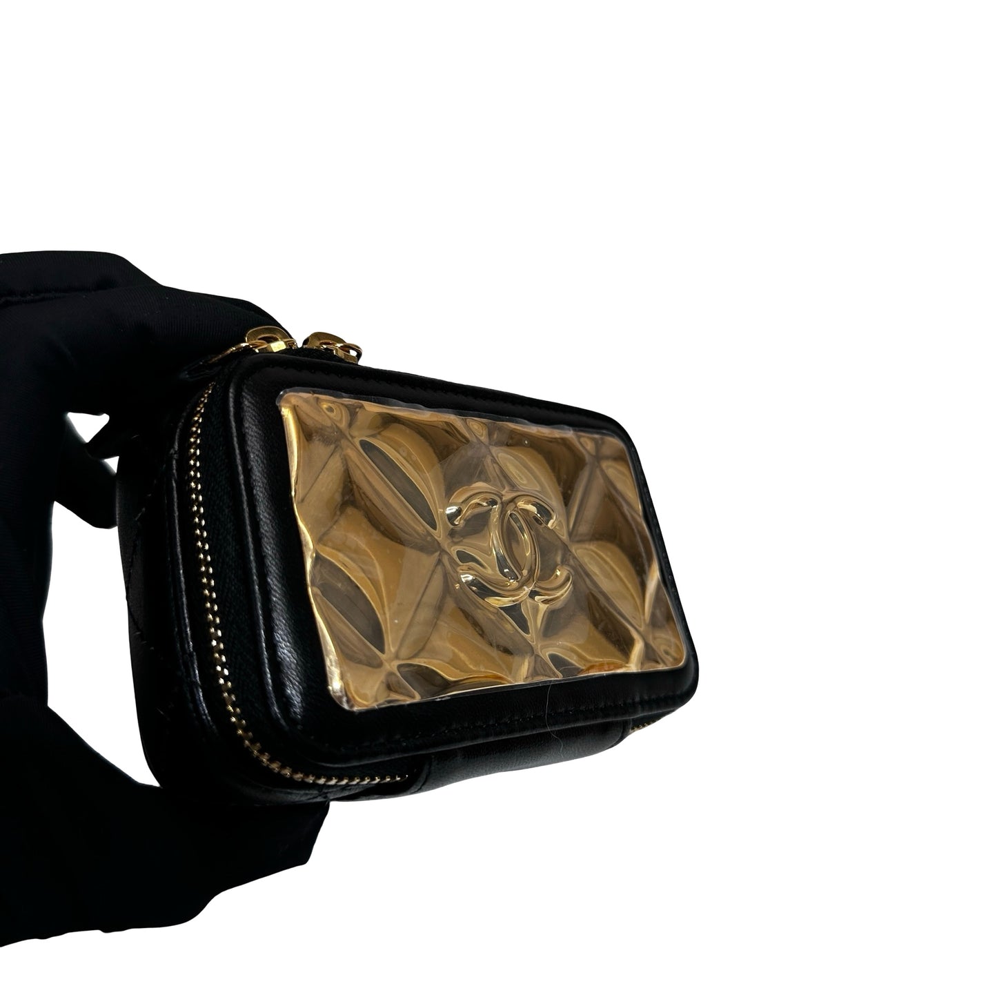 New CHANEL Lambskin Leather Vanity Case Shoulder Bag Gold Black GHW