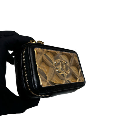 New CHANEL Lambskin Leather Vanity Case Shoulder Bag Gold Black GHW