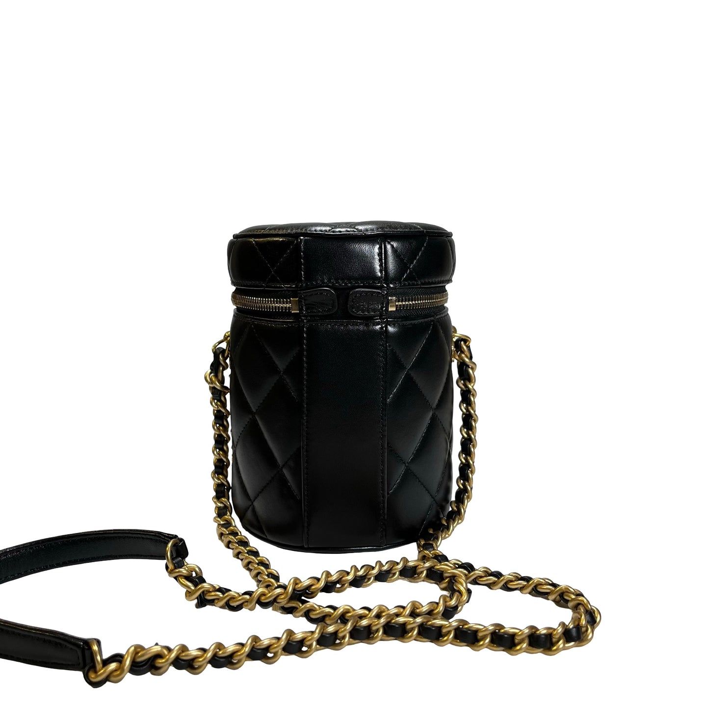 Used CHANEL Diamond Quilted Lambskin Cylindrical Vanity Case with Chain Vanity case Black GHW