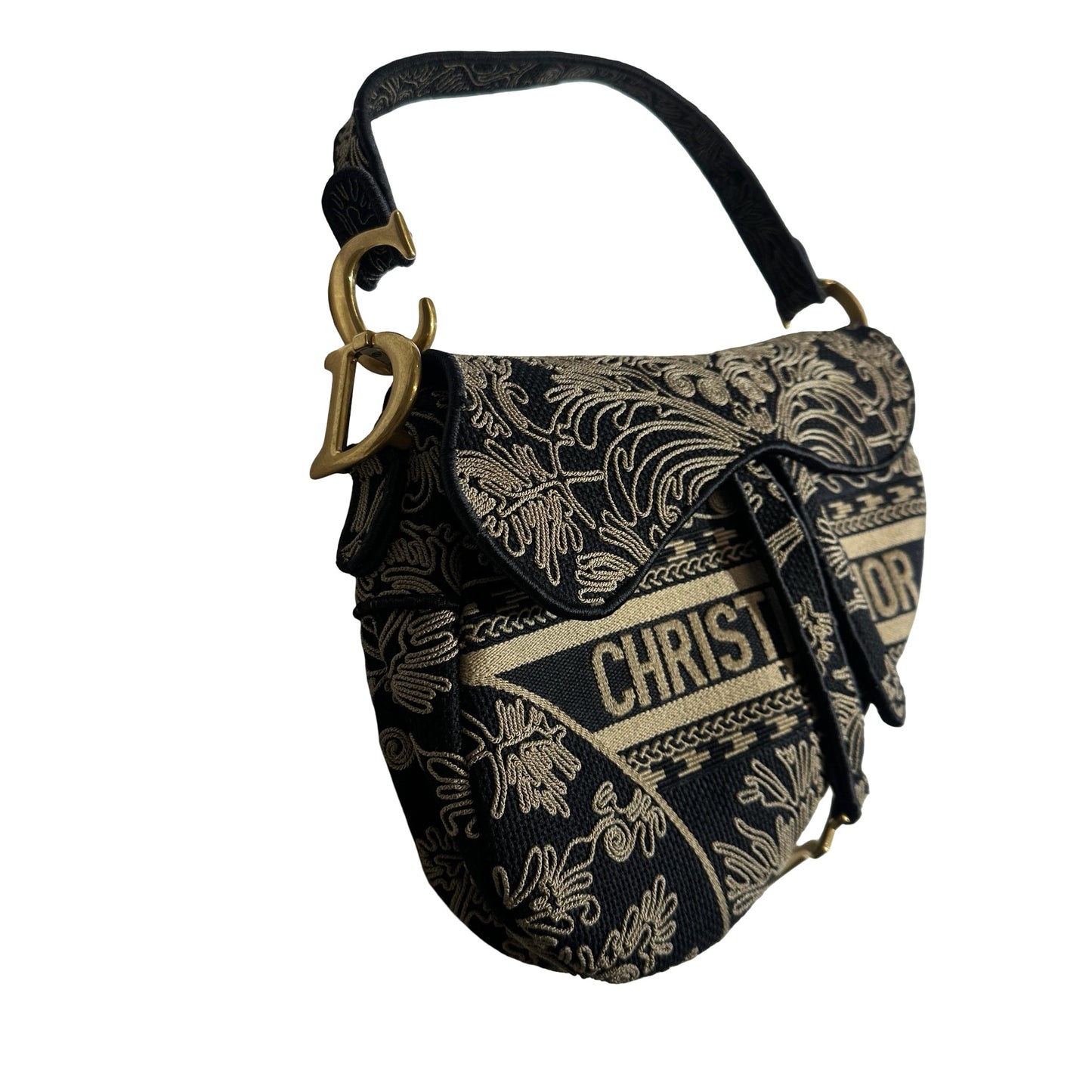 Used DIOR Embroidered Canvas Floral Stripes Saddle Saddle Bag Black Beige GHW