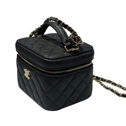Unused Chanel Calfskin Leather Vanity Case Cross Body Bag Black GHW