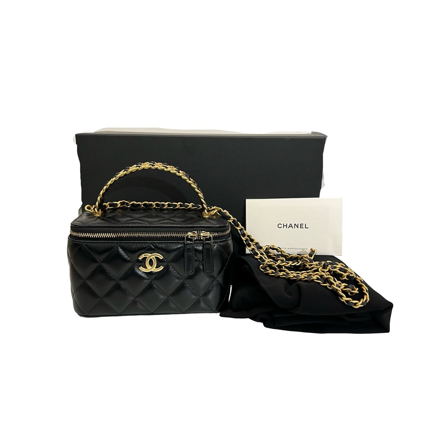 New Chanel 23P Vanity Case Long Box Top Handle Black GHW