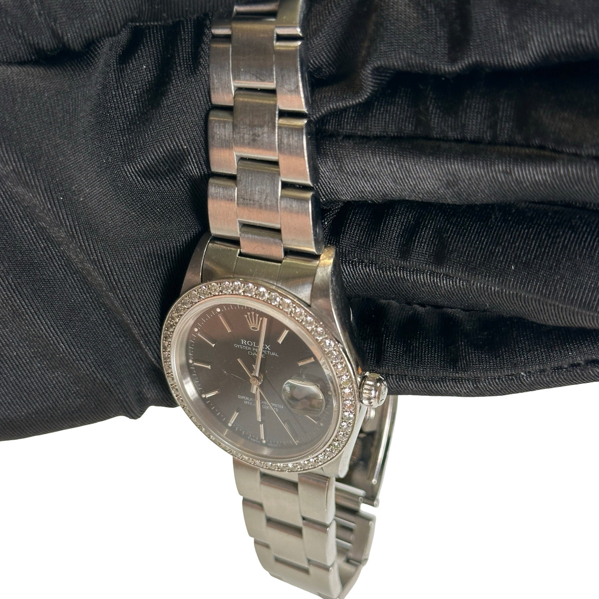 Used ROLEX Stainless Steel Diamond Bezel Oyster Perpetual Date Watch Silver Black