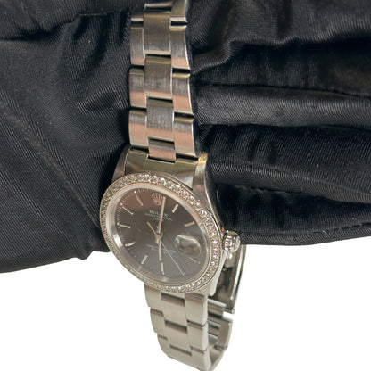 Used ROLEX Stainless Steel Diamond Bezel Oyster Perpetual Date Watch Silver Black