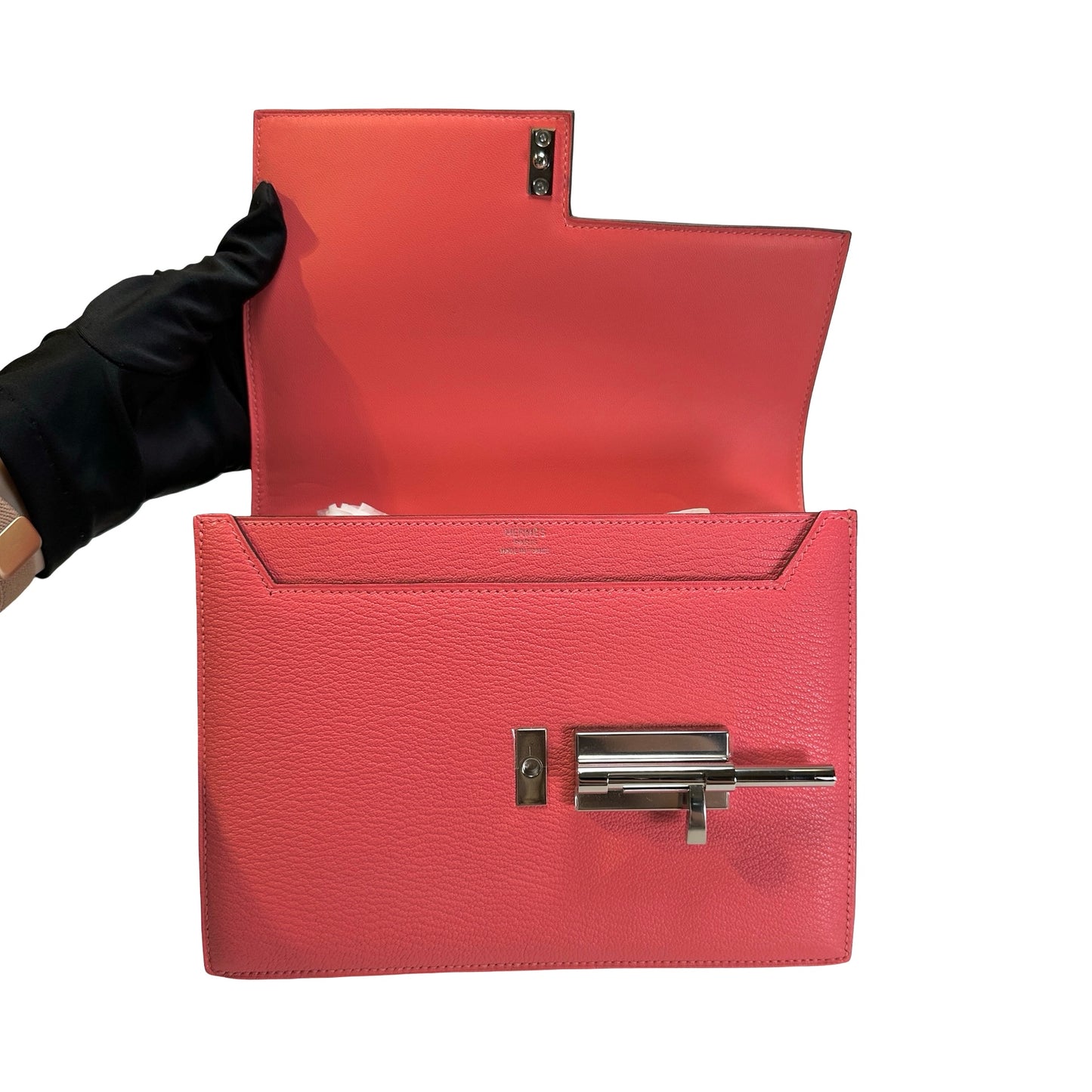 Used HERMES Chevre Verrou Clutch Handbag Pink PHW