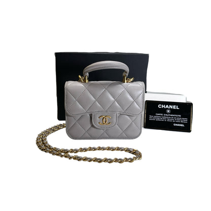 Used CHANEL Quilted Lambskin Mini Flap Bag with Top Handle Mini Bag Grey GHW