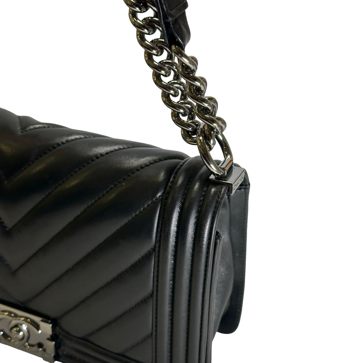 Used CHANEL Chevron Leather Boy Chanel Shoulder Bag Black Silver