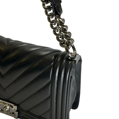 Used CHANEL Chevron Leather Boy Chanel Shoulder Bag Black Silver