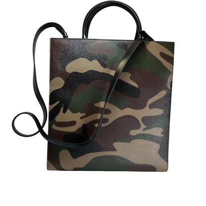 Used CELINE Camouflage Vertical Cabas Tote Bag Green Brown Khaki White