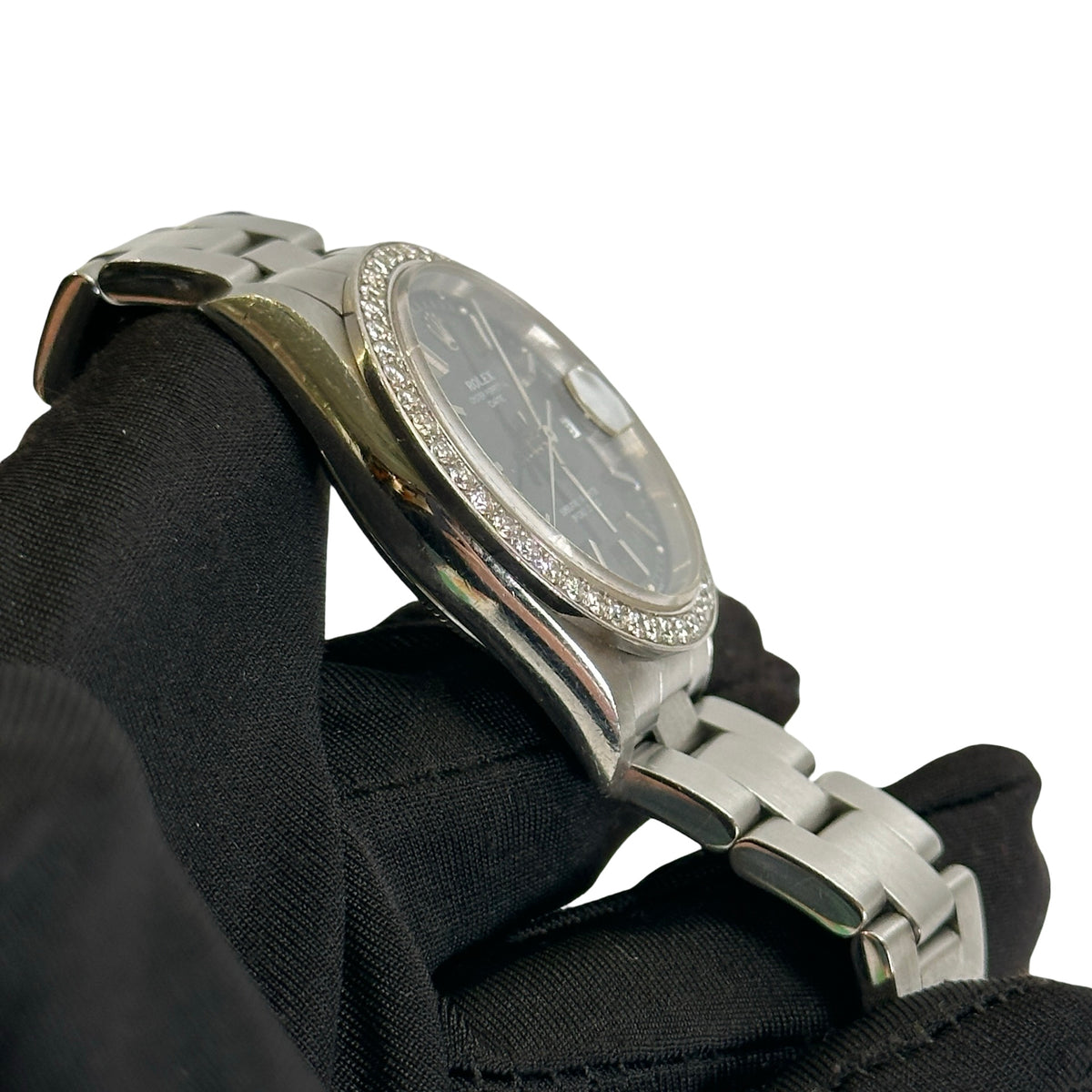 Used ROLEX Stainless Steel Diamond Bezel Oyster Perpetual Date Watch Silver Black