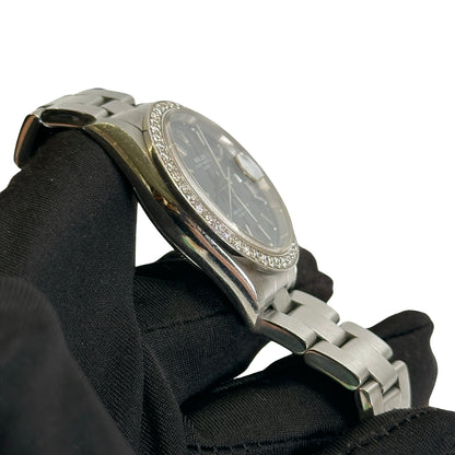 Used ROLEX Stainless Steel Diamond Bezel Oyster Perpetual Date Watch Silver Black