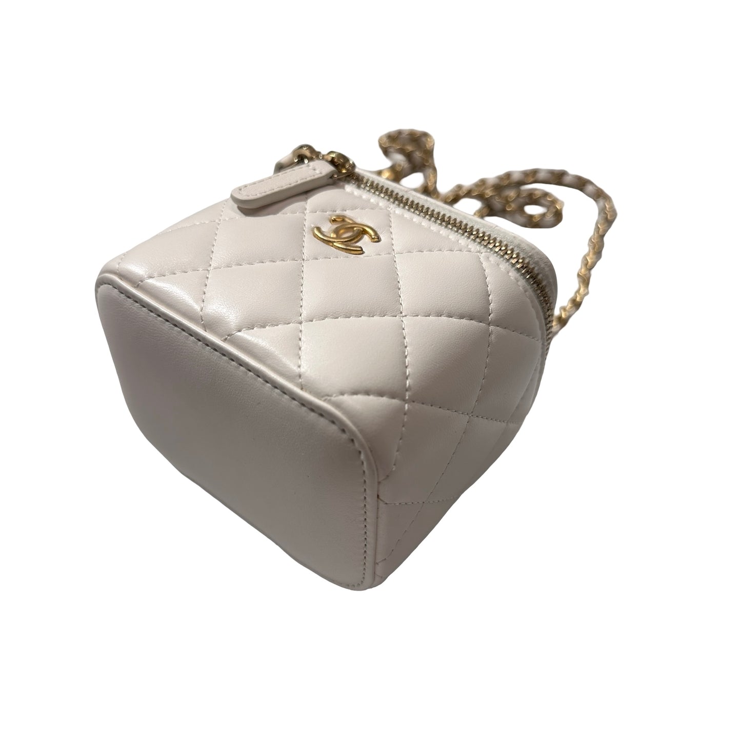 Used CHANEL Lambskin Leather Vanity Case with Gold Ball Cross Body Bag White GHW