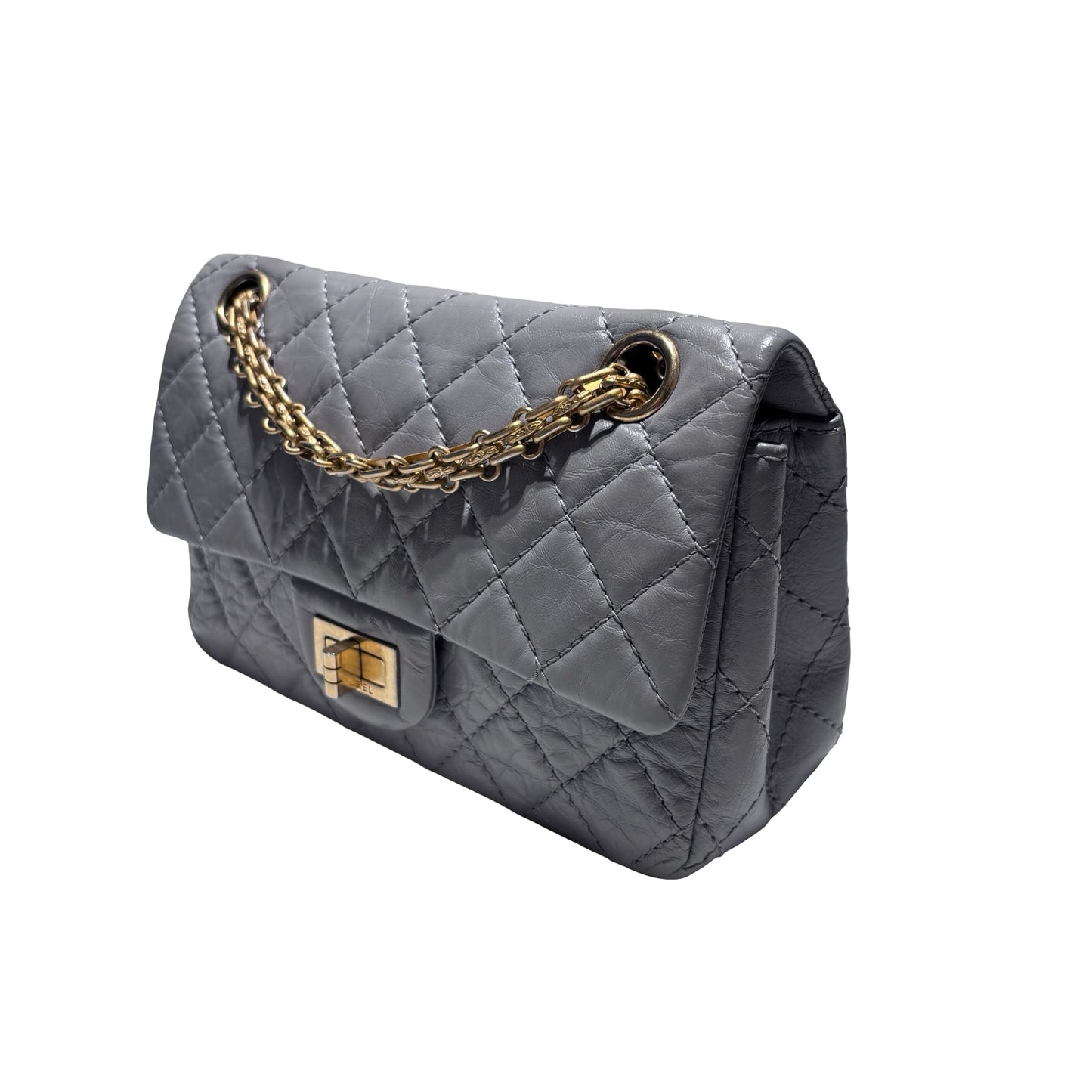 Used CHANEL Calfskin Leather Mini 2.55 Chain Shoulder Bag Grey GHW