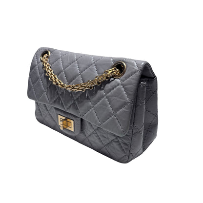 Used CHANEL Calfskin Leather Mini 2.55 Chain Shoulder Bag Grey GHW