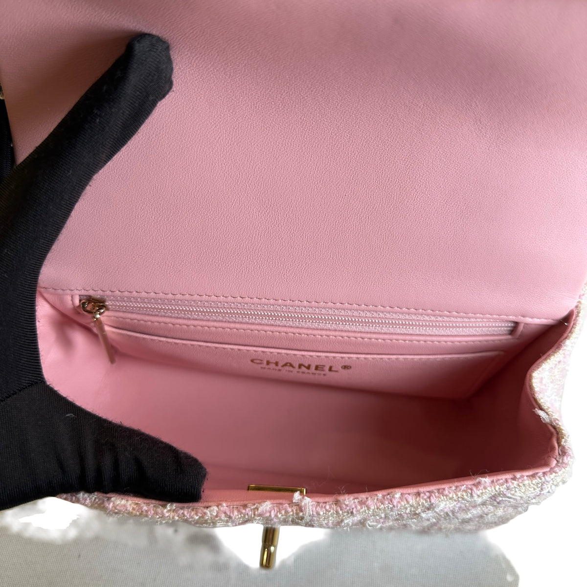 Used CHANEL Tweed Quilted Mini Flap Bag with Top Handle Handbag Pink White