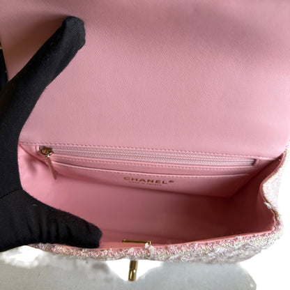 Used CHANEL Tweed Quilted Mini Flap Bag with Top Handle Handbag Pink White