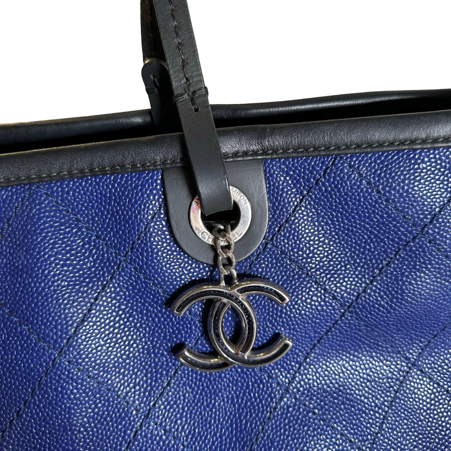 Used CHANEL Quilted Caviar Leather GST Tote Bag Blue Silver