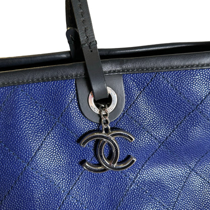 Used CHANEL Quilted Caviar Leather GST Tote Bag Blue Silver
