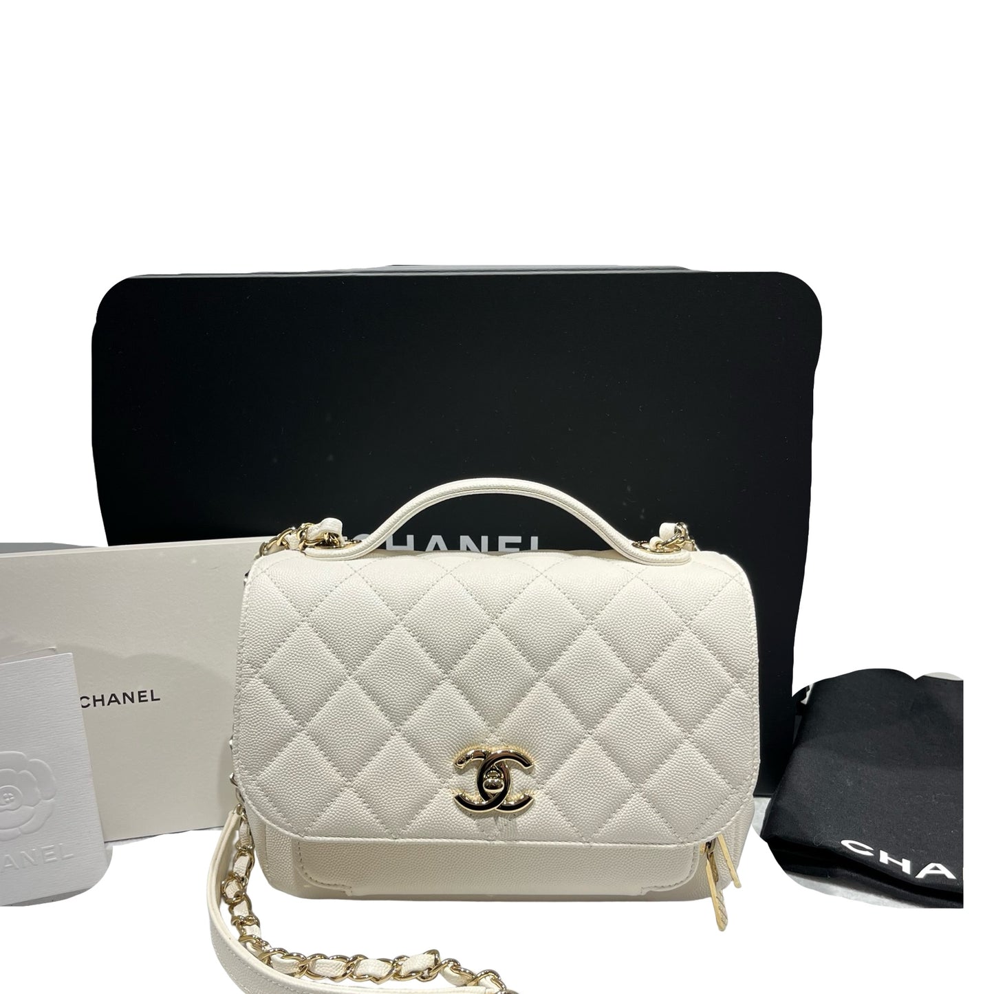 Used CHANEL Calfskin Leather Affinity medium Shoulder Bag White GHW