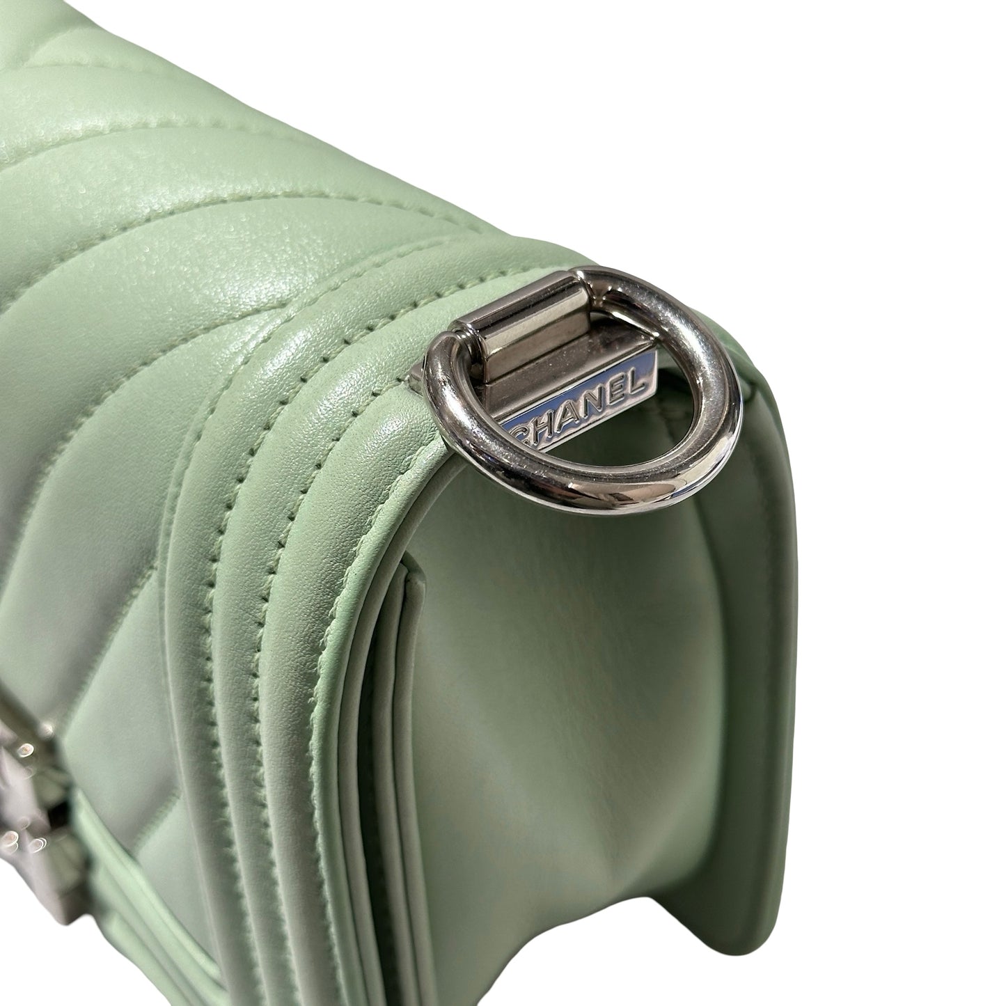 Used CHANEL Boy 20cm Cross Body Bag Green PHW