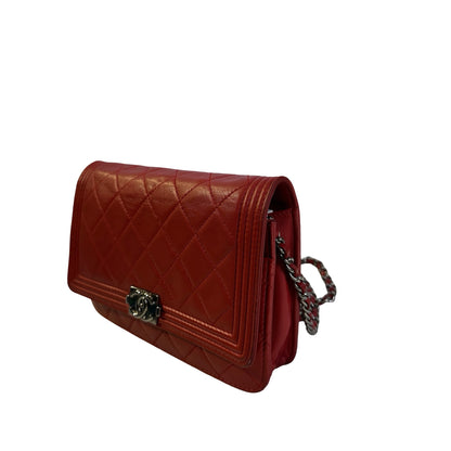 Used CHANEL Quilted Lambskin Boy Wallet on chain Red